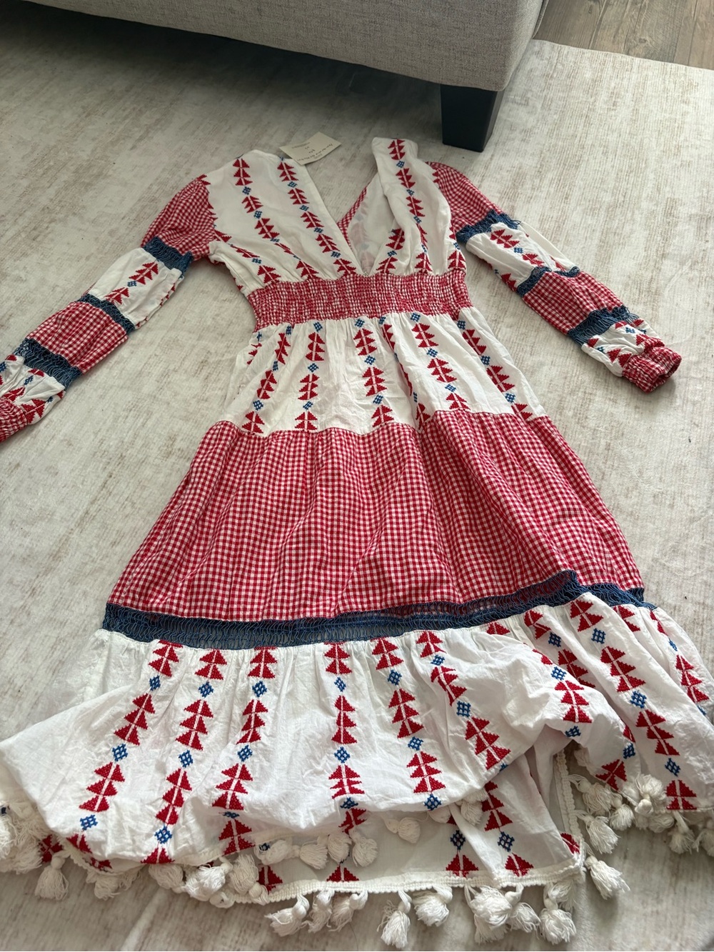 AREA Red, White & Blue Embroidered Tassel Maxi Dress